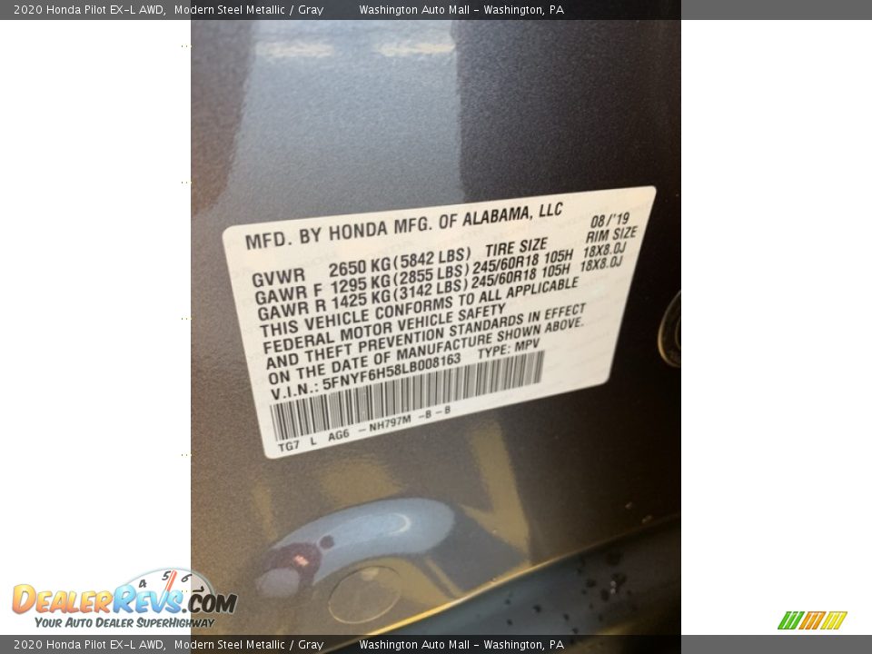 2020 Honda Pilot EX-L AWD Modern Steel Metallic / Gray Photo #9