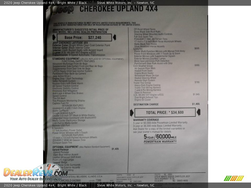 2020 Jeep Cherokee Upland 4x4 Bright White / Black Photo #34