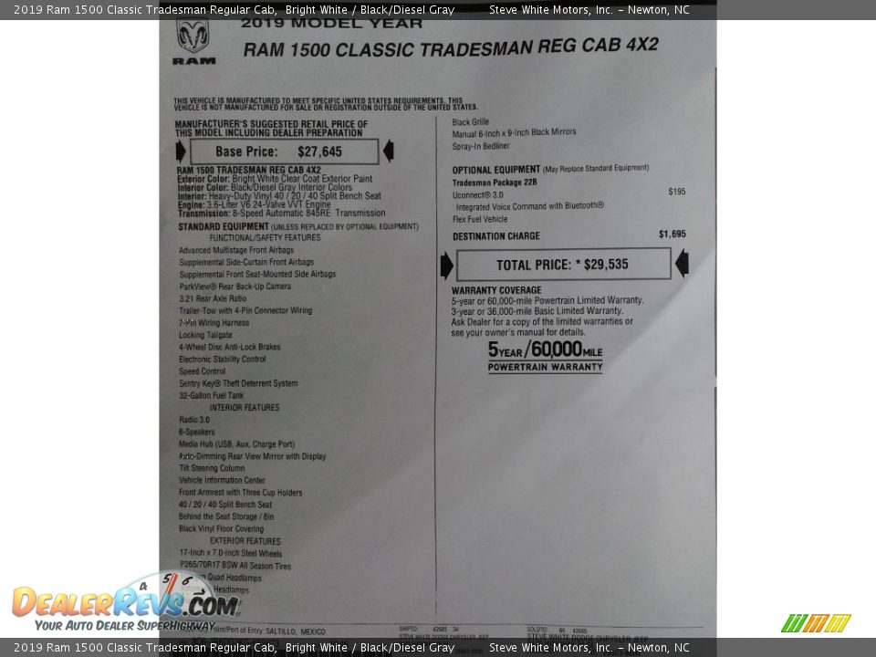2019 Ram 1500 Classic Tradesman Regular Cab Window Sticker Photo #28