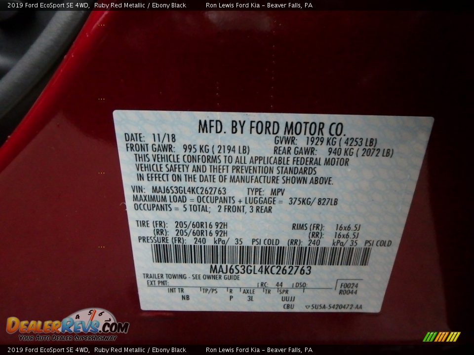 2019 Ford EcoSport SE 4WD Ruby Red Metallic / Ebony Black Photo #12