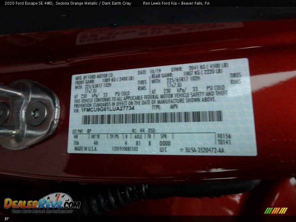 Ford Color Code BP Sedona Orange Metallic