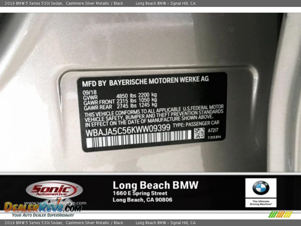 2019 BMW 5 Series 530i Sedan Cashmere Silver Metallic / Black Photo #11
