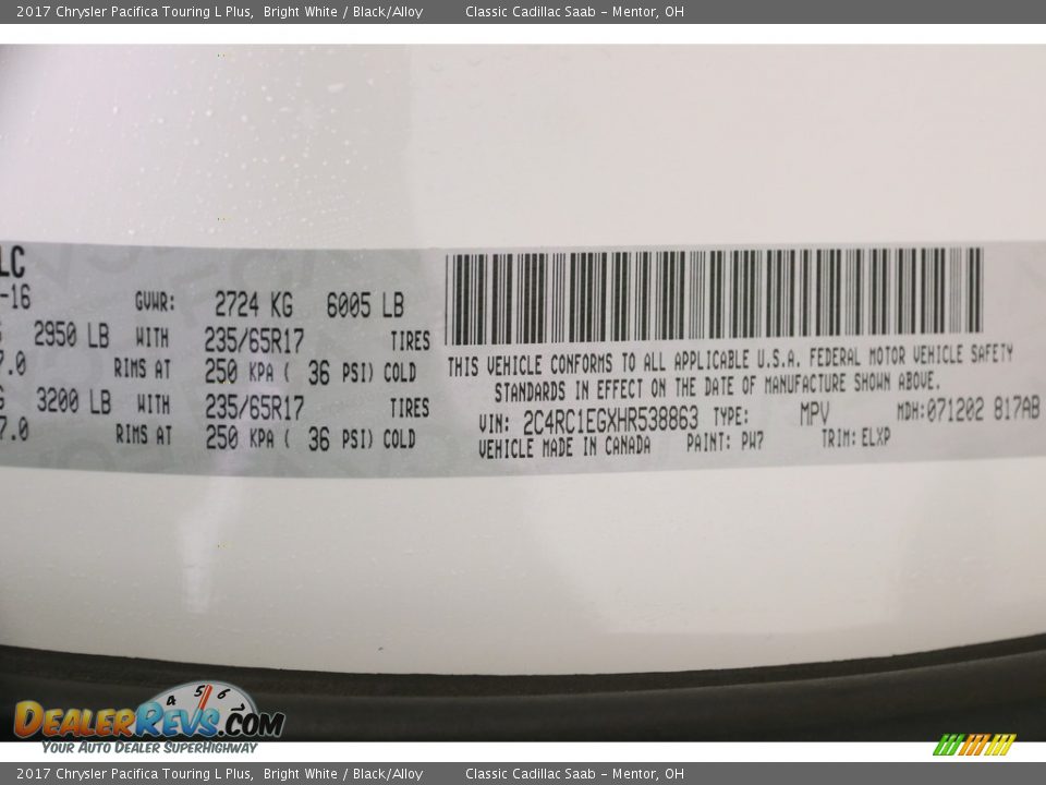 2017 Chrysler Pacifica Touring L Plus Bright White / Black/Alloy Photo #29