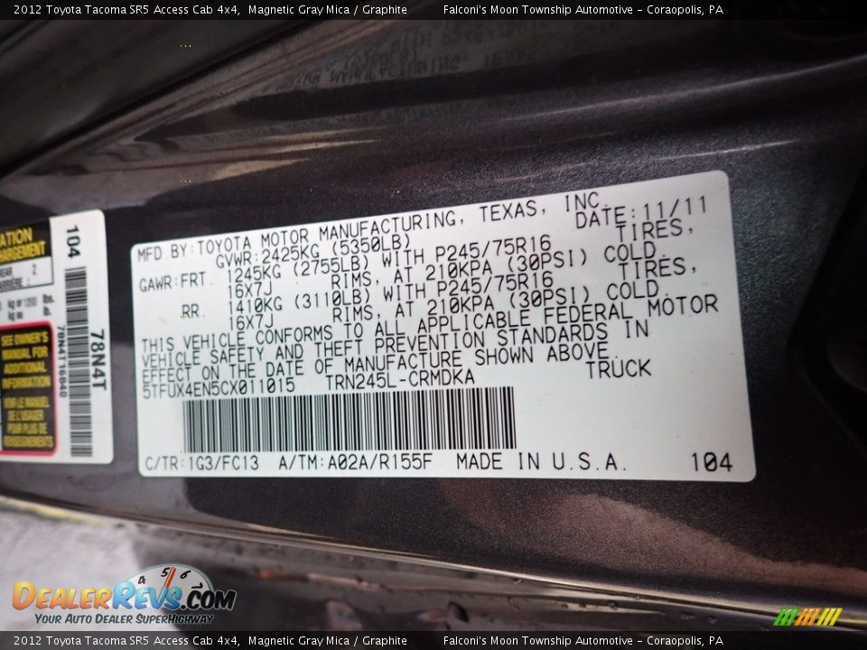 2012 Toyota Tacoma SR5 Access Cab 4x4 Magnetic Gray Mica / Graphite Photo #23