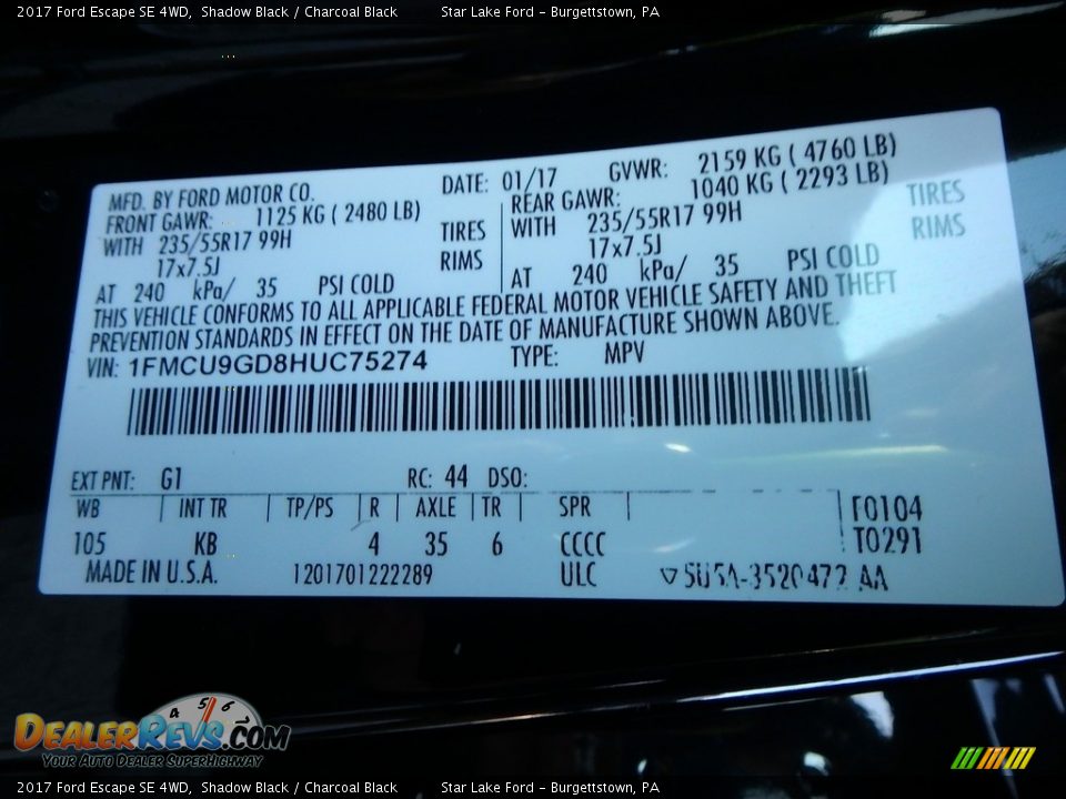 2017 Ford Escape SE 4WD Shadow Black / Charcoal Black Photo #10