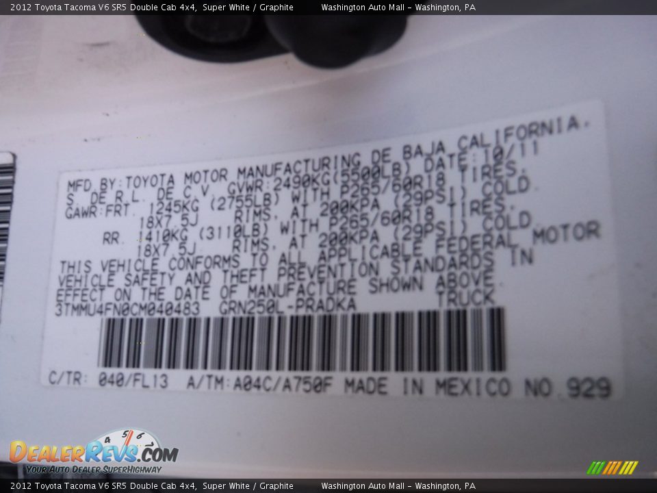 2012 Toyota Tacoma V6 SR5 Double Cab 4x4 Super White / Graphite Photo #29