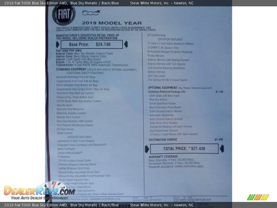 2019 Fiat 500X Blue Sky Edition AWD Window Sticker Photo #33