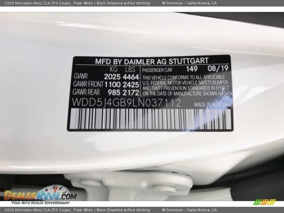 2020 Mercedes-Benz CLA 250 Coupe Polar White / Black Dinamica w/Red stitching Photo #11