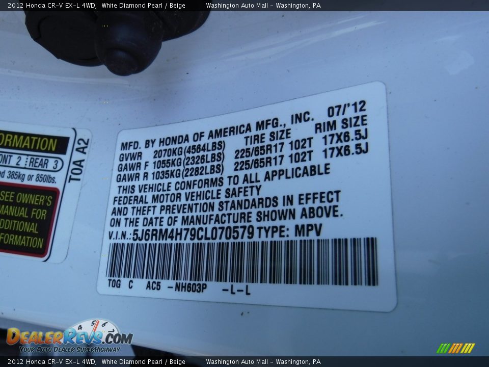 2012 Honda CR-V EX-L 4WD White Diamond Pearl / Beige Photo #24