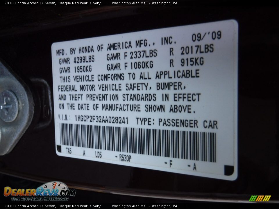 2010 Honda Accord LX Sedan Basque Red Pearl / Ivory Photo #24