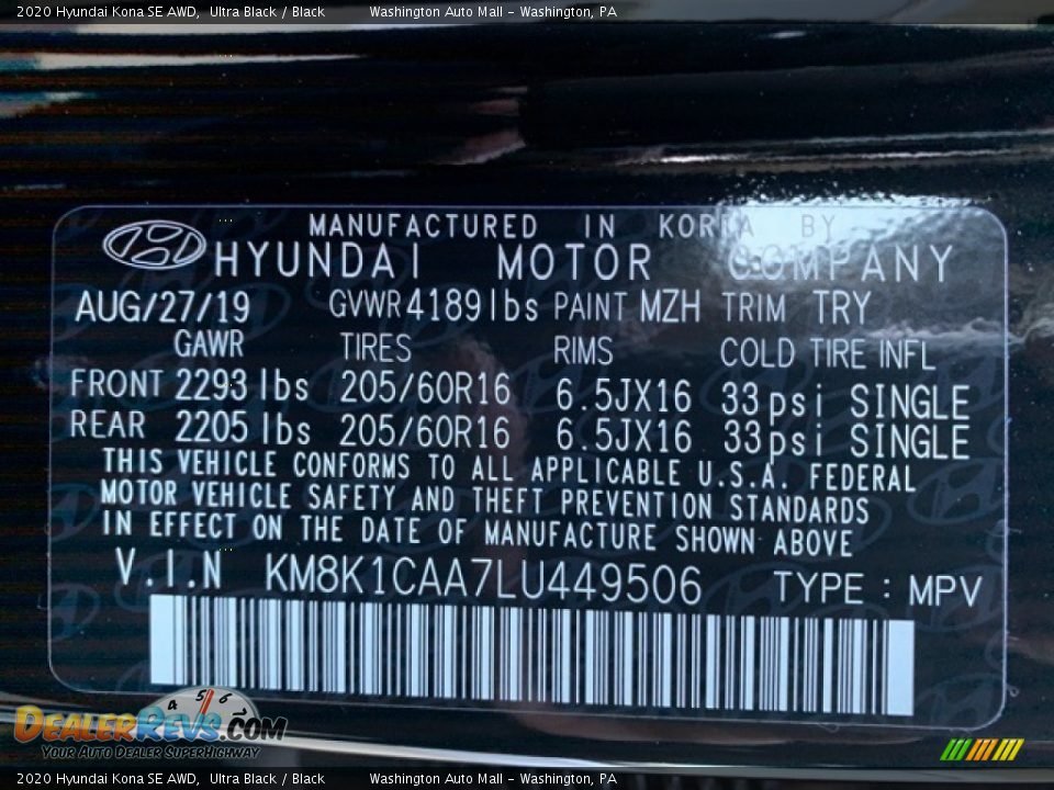 2020 Hyundai Kona SE AWD Ultra Black / Black Photo #10