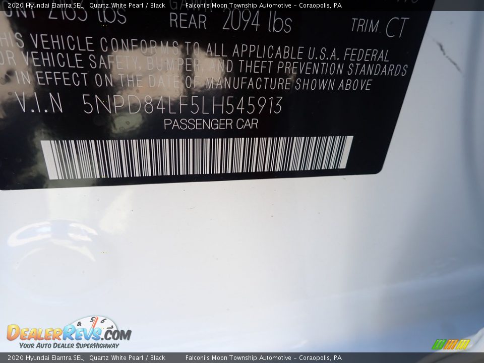 2020 Hyundai Elantra SEL Quartz White Pearl / Black Photo #12
