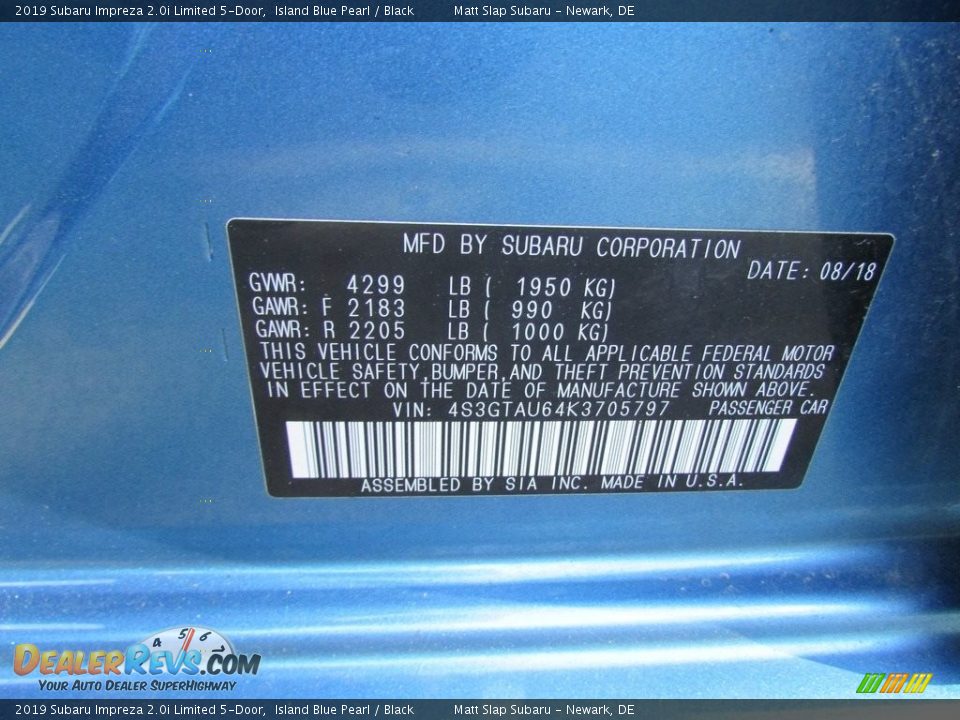 2019 Subaru Impreza 2.0i Limited 5-Door Island Blue Pearl / Black Photo #29