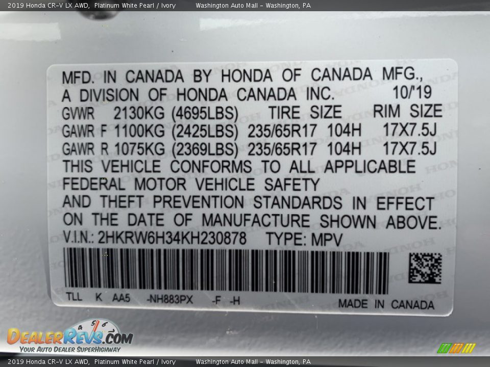 2019 Honda CR-V LX AWD Platinum White Pearl / Ivory Photo #9