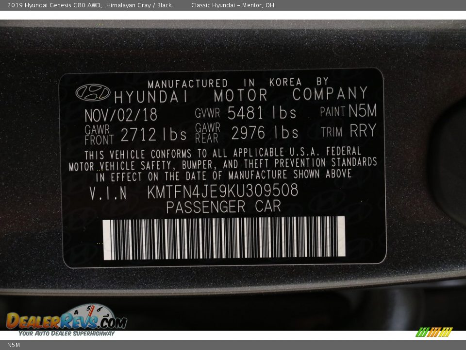 Hyundai Color Code N5M Himalayan Gray