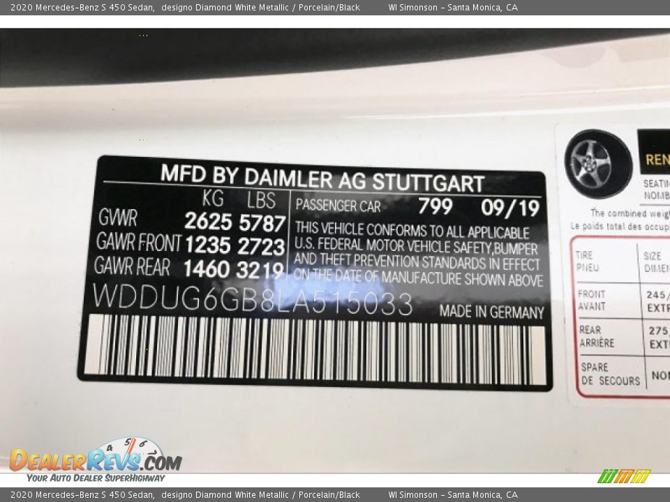 2020 Mercedes-Benz S 450 Sedan designo Diamond White Metallic / Porcelain/Black Photo #11