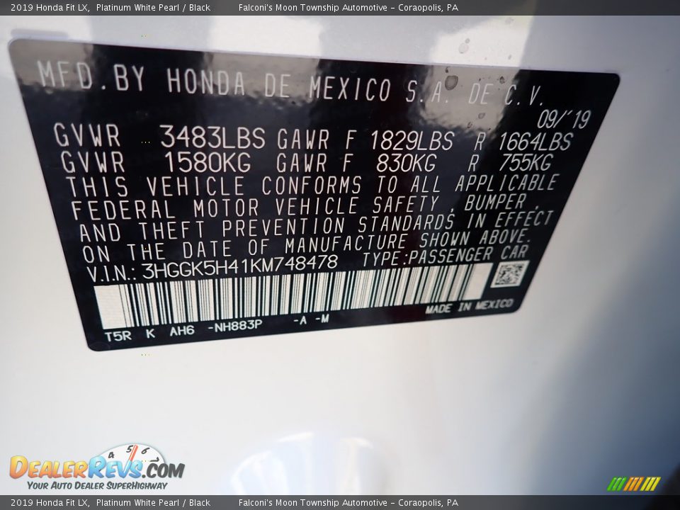 2019 Honda Fit LX Platinum White Pearl / Black Photo #13