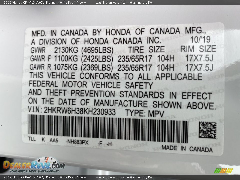 2019 Honda CR-V LX AWD Platinum White Pearl / Ivory Photo #9