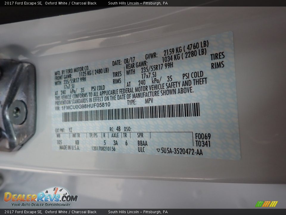 2017 Ford Escape SE Oxford White / Charcoal Black Photo #23