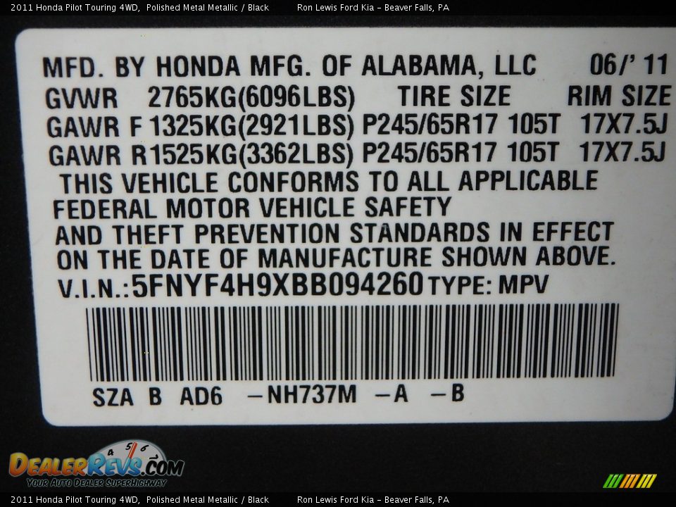 2011 Honda Pilot Touring 4WD Polished Metal Metallic / Black Photo #15
