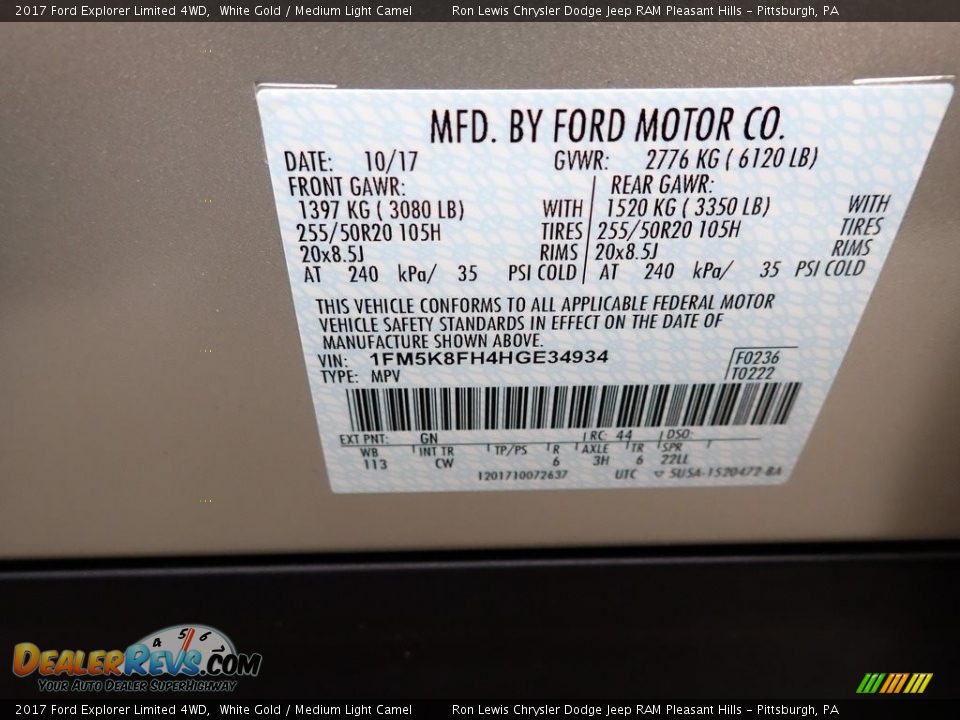 2017 Ford Explorer Limited 4WD White Gold / Medium Light Camel Photo #16