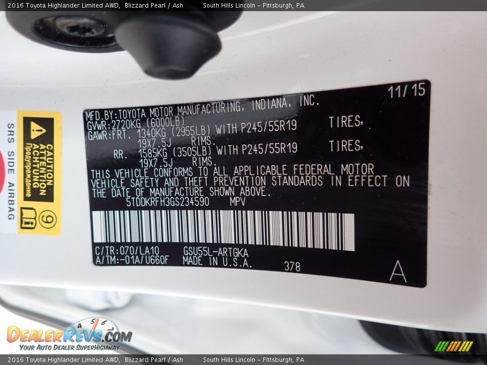 2016 Toyota Highlander Limited AWD Blizzard Pearl / Ash Photo #23