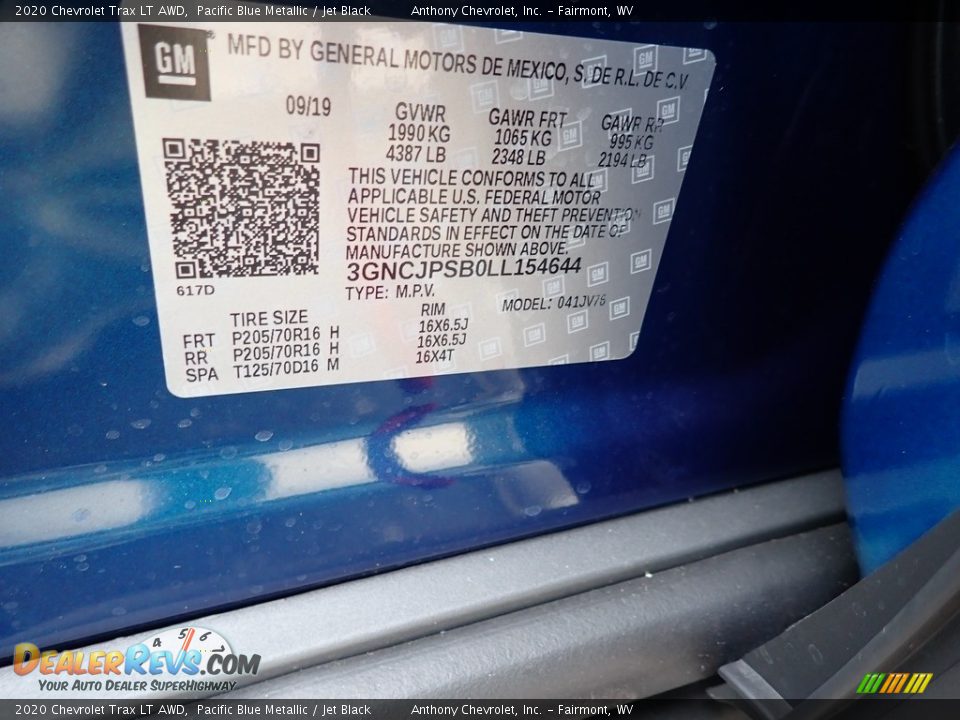 2020 Chevrolet Trax LT AWD Pacific Blue Metallic / Jet Black Photo #15