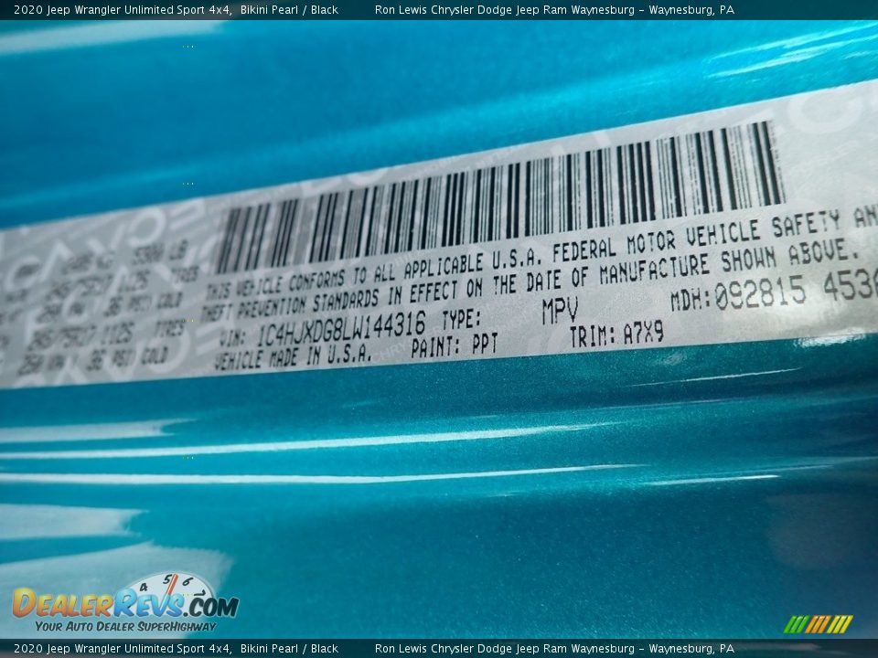 2020 Jeep Wrangler Unlimited Sport 4x4 Bikini Pearl / Black Photo #15