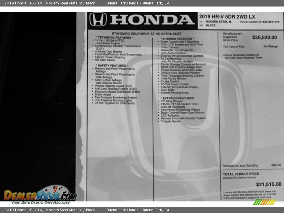 2019 Honda HR-V LX Modern Steel Metallic / Black Photo #35