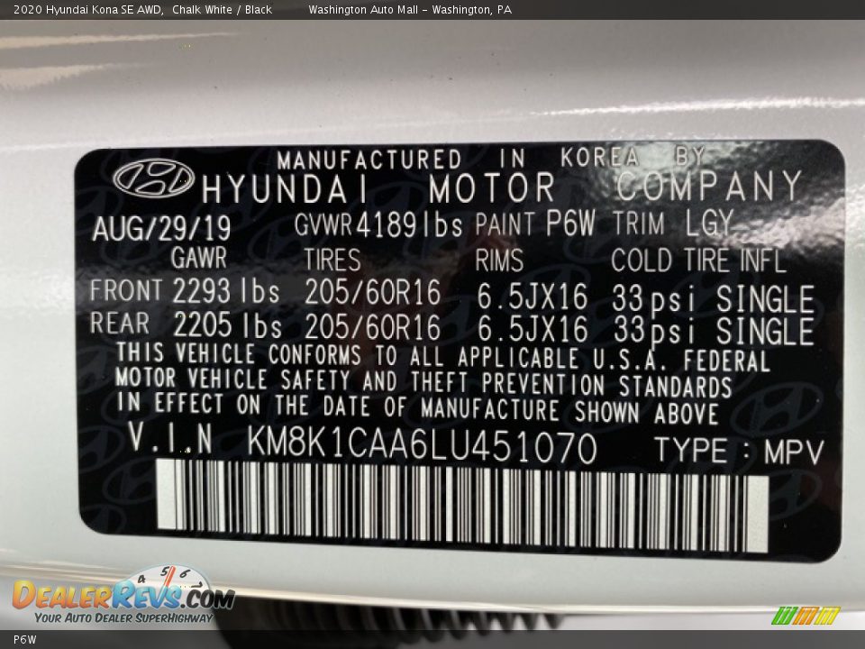 Hyundai Color Code P6W Chalk White