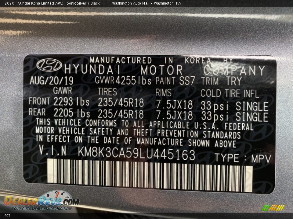 Hyundai Color Code SS7 Sonic Silver