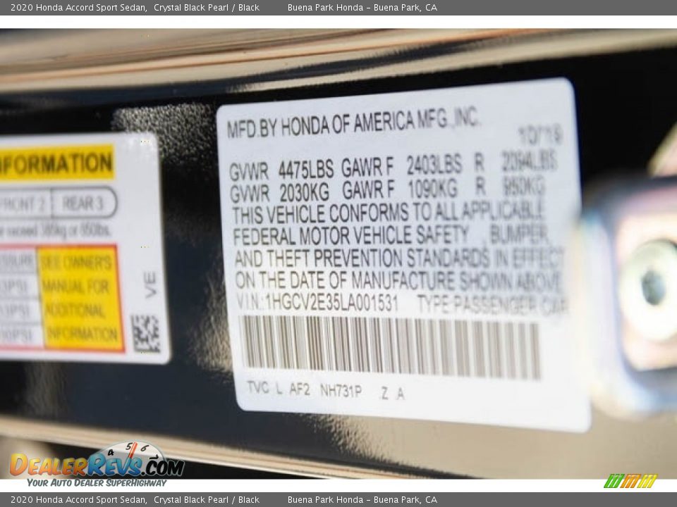2020 Honda Accord Sport Sedan Crystal Black Pearl / Black Photo #16