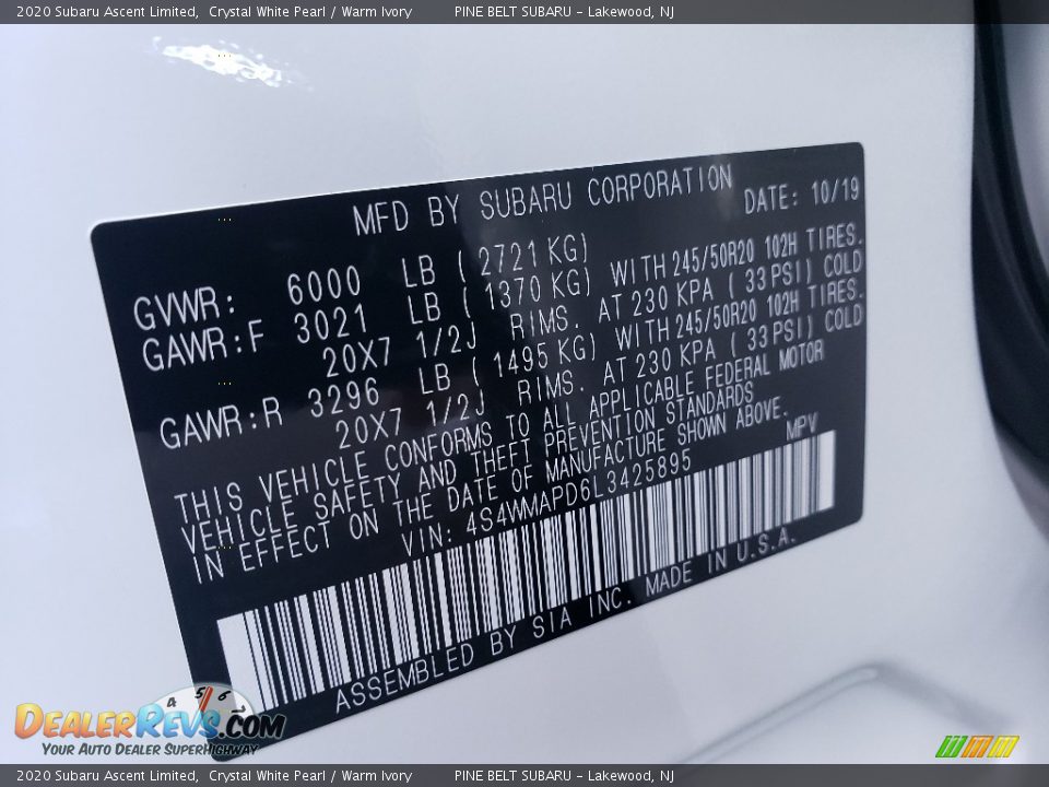 2020 Subaru Ascent Limited Crystal White Pearl / Warm Ivory Photo #9