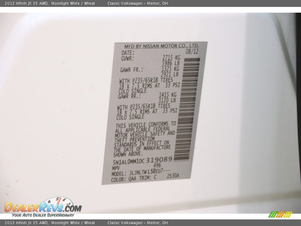2013 Infiniti JX 35 AWD Moonlight White / Wheat Photo #24