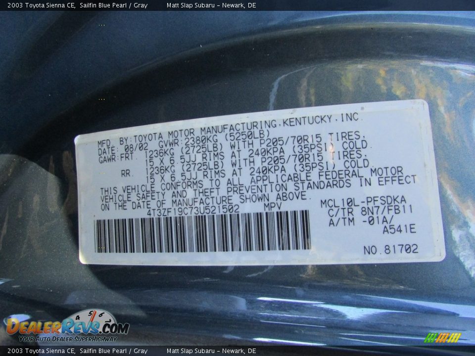2003 Toyota Sienna CE Sailfin Blue Pearl / Gray Photo #26