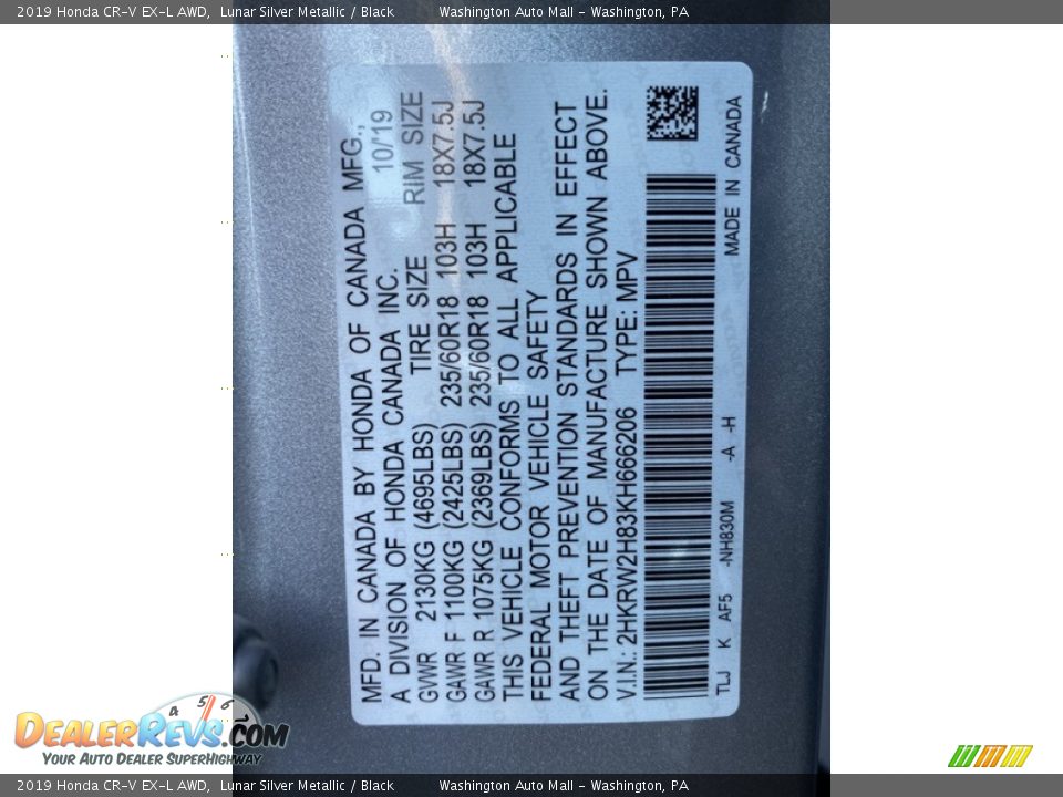 2019 Honda CR-V EX-L AWD Lunar Silver Metallic / Black Photo #9
