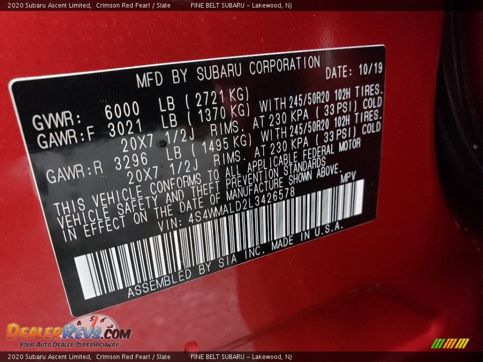 2020 Subaru Ascent Limited Crimson Red Pearl / Slate Photo #9