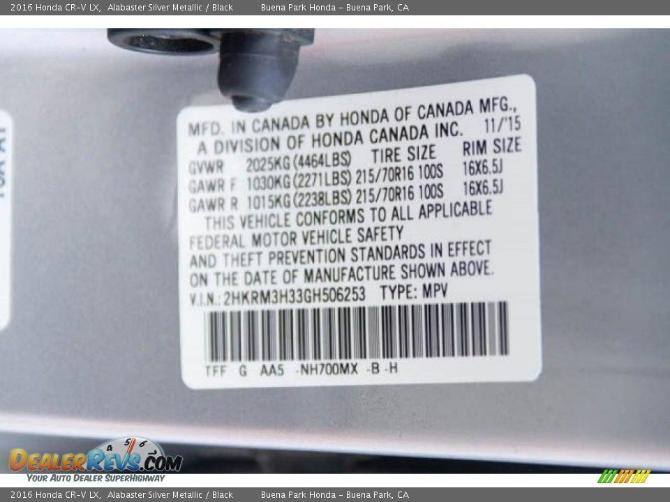 2016 Honda CR-V LX Alabaster Silver Metallic / Black Photo #33