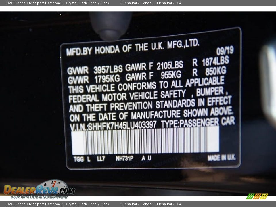 2020 Honda Civic Sport Hatchback Crystal Black Pearl / Black Photo #28