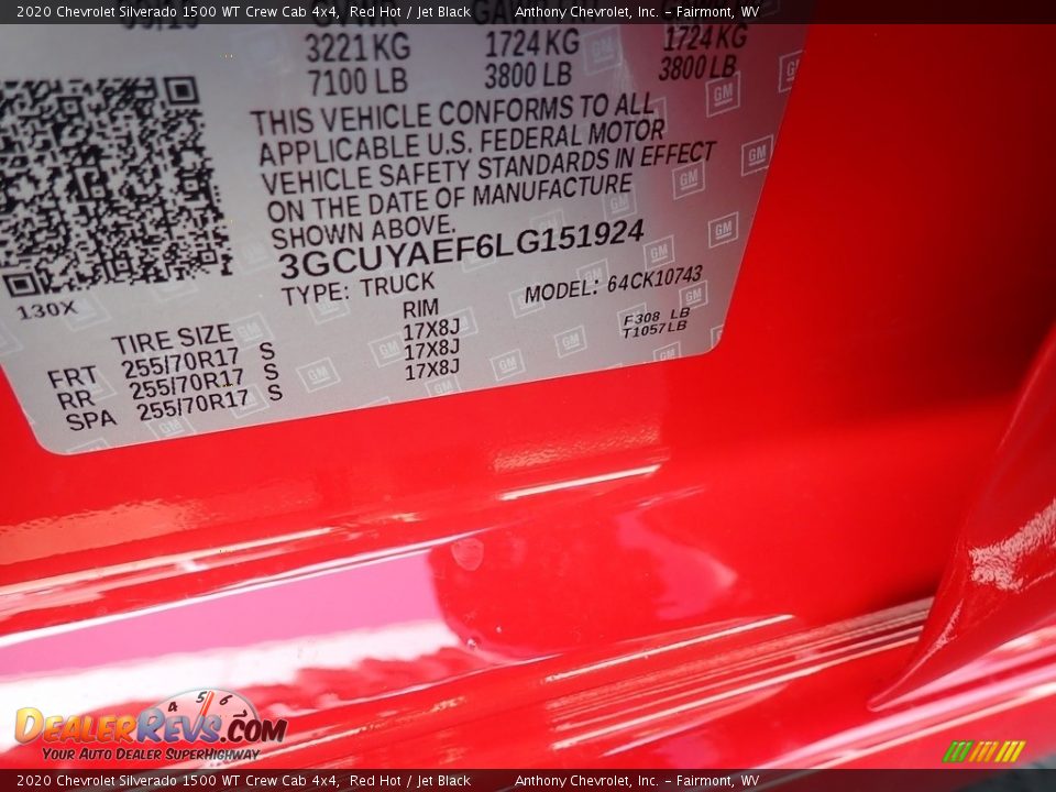 2020 Chevrolet Silverado 1500 WT Crew Cab 4x4 Red Hot / Jet Black Photo #15