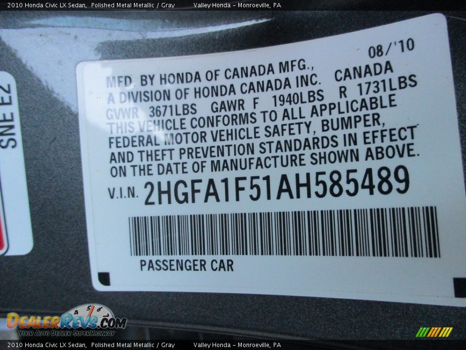 2010 Honda Civic LX Sedan Polished Metal Metallic / Gray Photo #19