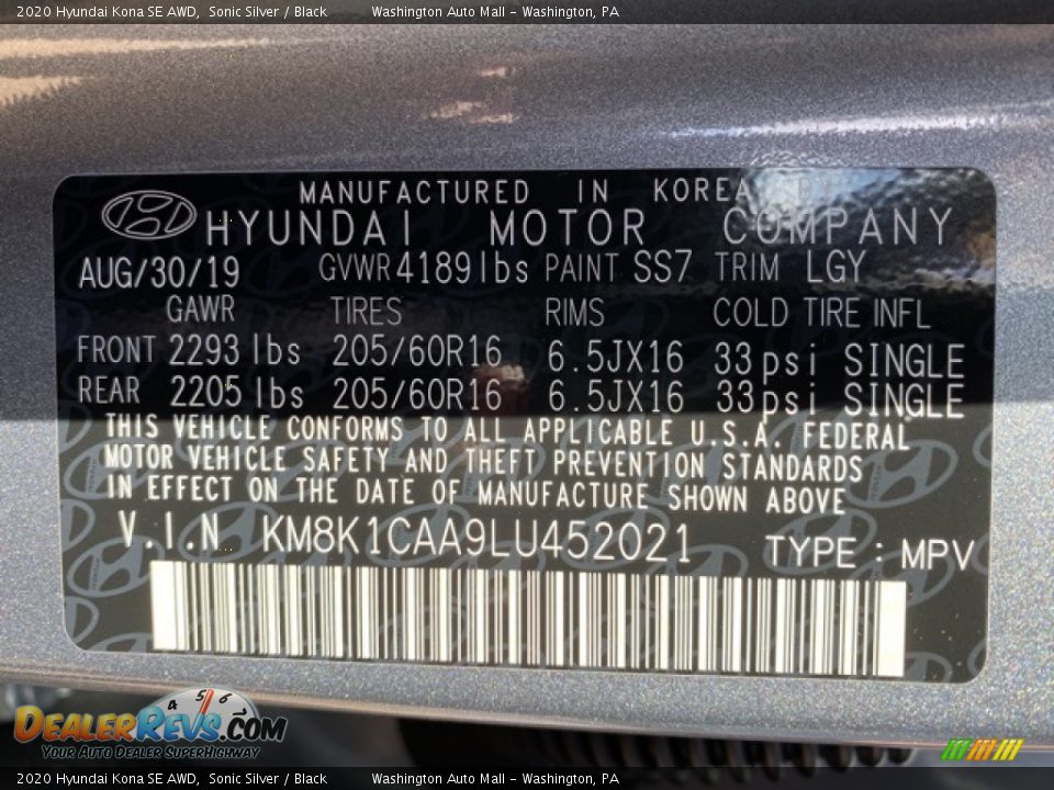 2020 Hyundai Kona SE AWD Sonic Silver / Black Photo #10