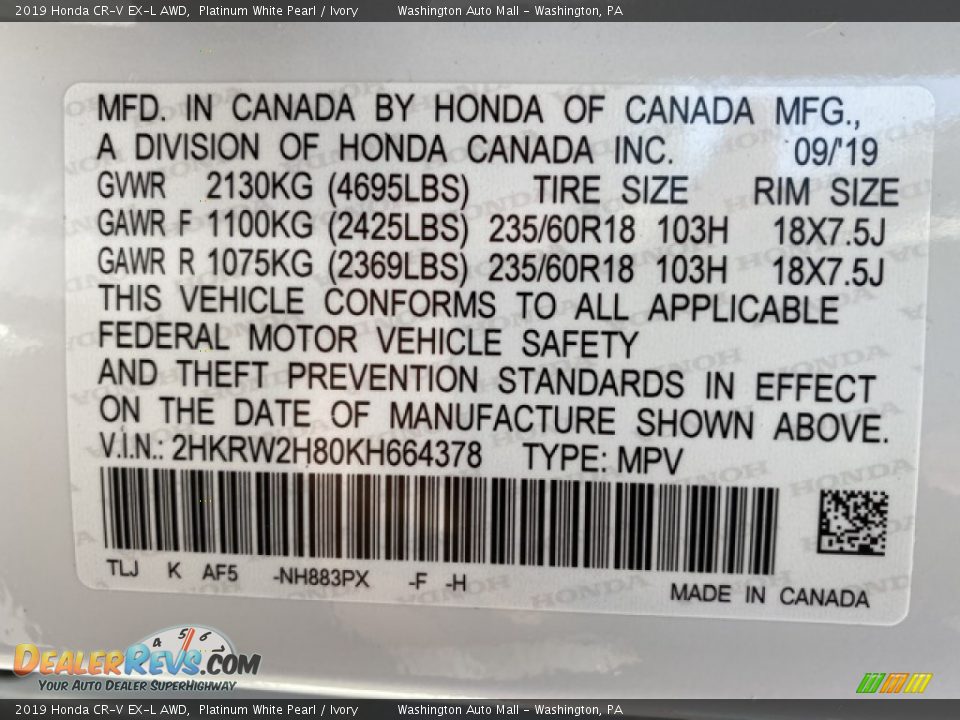 2019 Honda CR-V EX-L AWD Platinum White Pearl / Ivory Photo #9