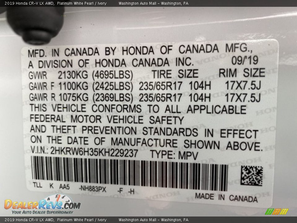 2019 Honda CR-V LX AWD Platinum White Pearl / Ivory Photo #9
