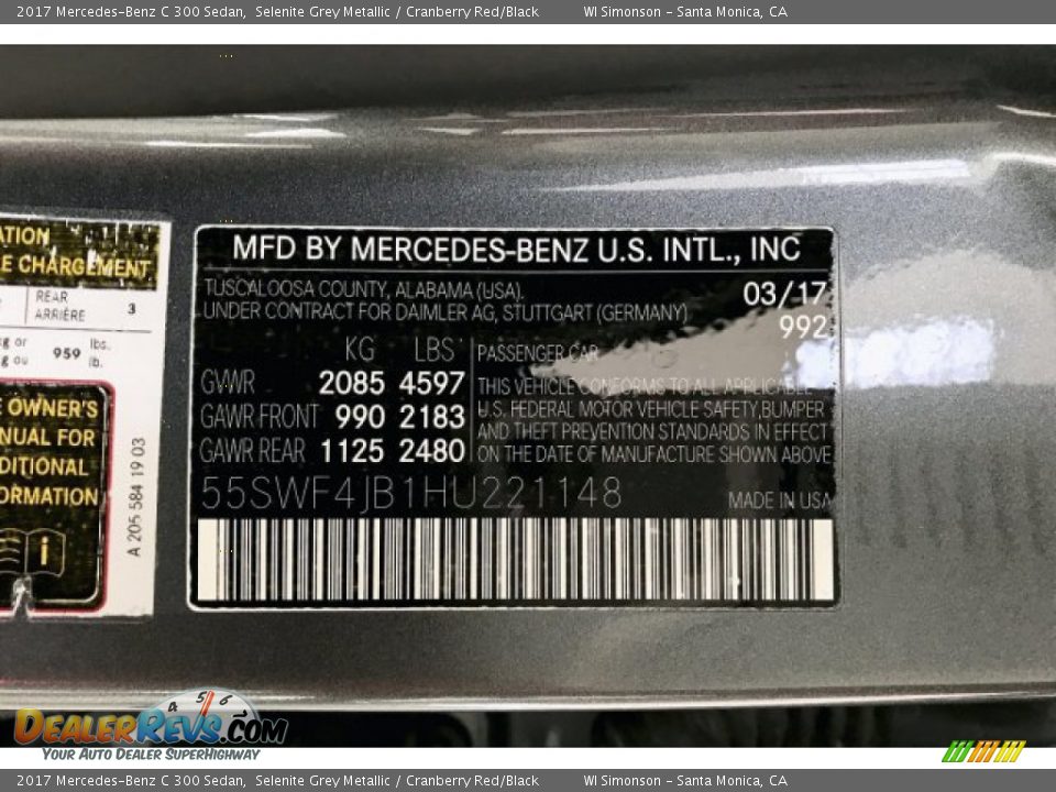 2017 Mercedes-Benz C 300 Sedan Selenite Grey Metallic / Cranberry Red/Black Photo #23