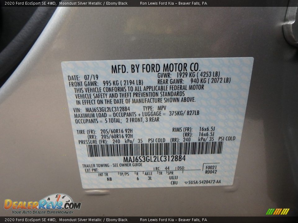 2020 Ford EcoSport SE 4WD Moondust Silver Metallic / Ebony Black Photo #11