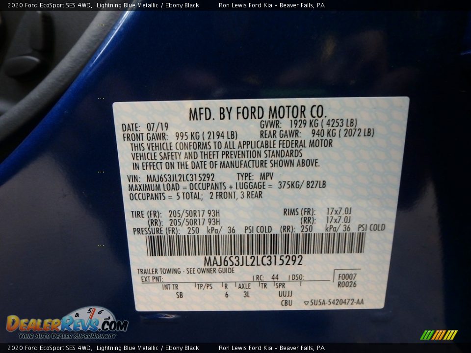 2020 Ford EcoSport SES 4WD Lightning Blue Metallic / Ebony Black Photo #13