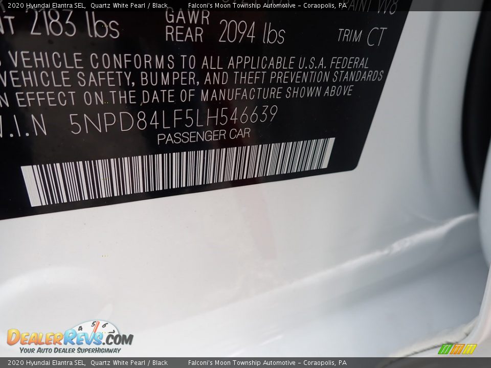 2020 Hyundai Elantra SEL Quartz White Pearl / Black Photo #13