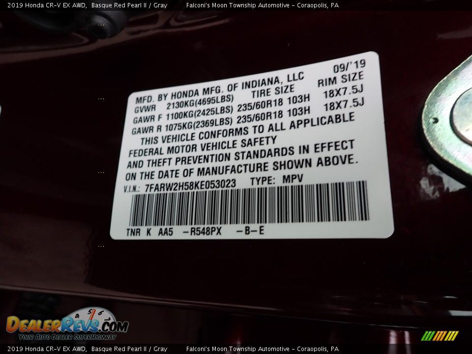 2019 Honda CR-V EX AWD Basque Red Pearl II / Gray Photo #10