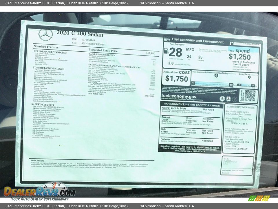 2020 Mercedes-Benz C 300 Sedan Lunar Blue Metallic / Silk Beige/Black Photo #10